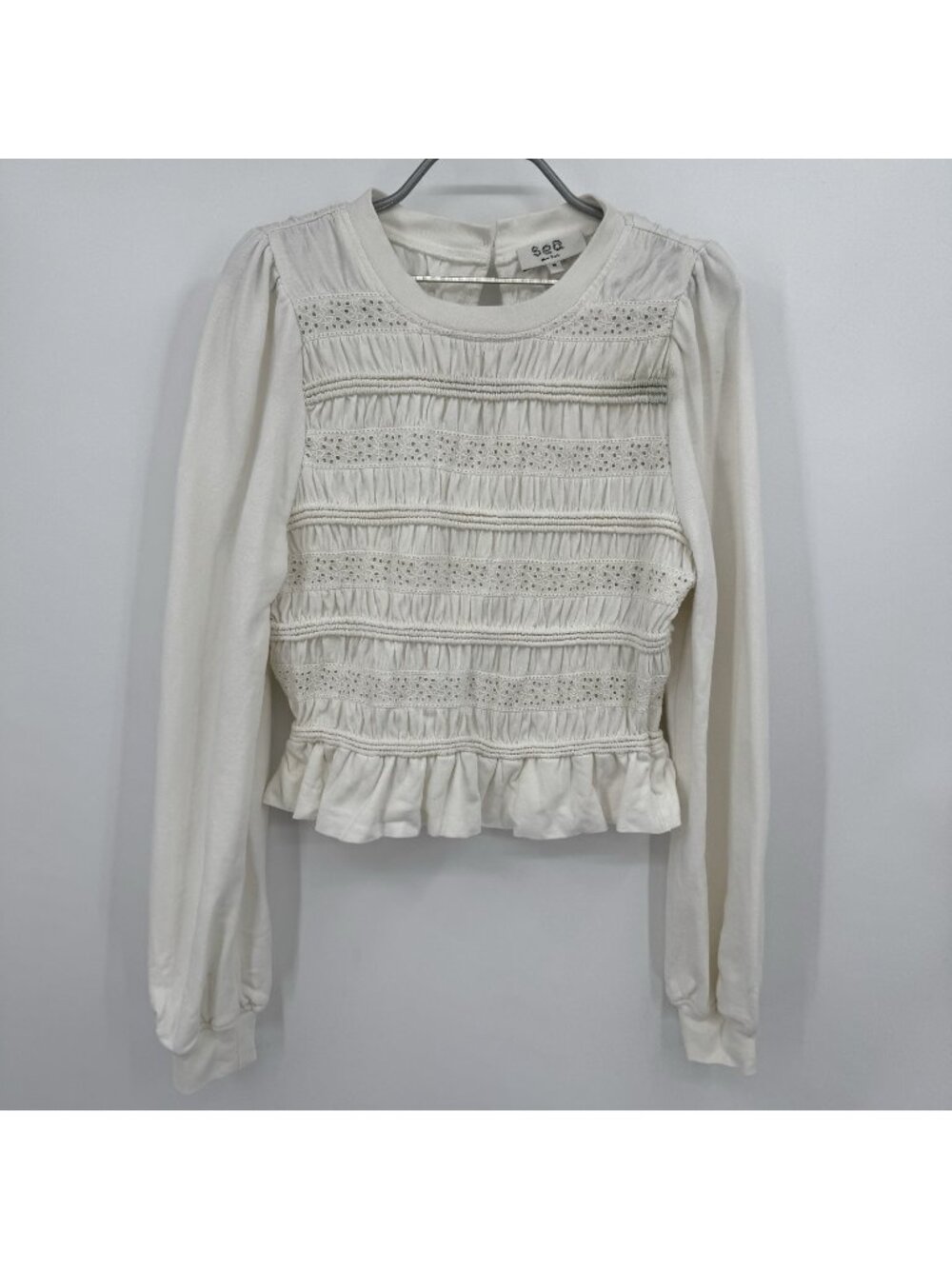 Sea New York Cream Rita Jersey Long Sleeve Smocked Top size M Medium